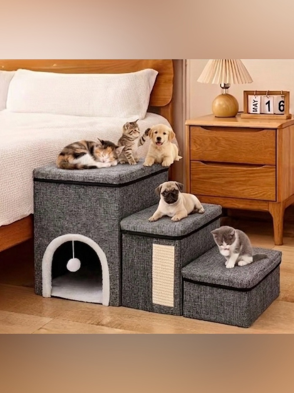 Gray Multi-Level Cat Steps with Cozy Hideaway and Scratcher